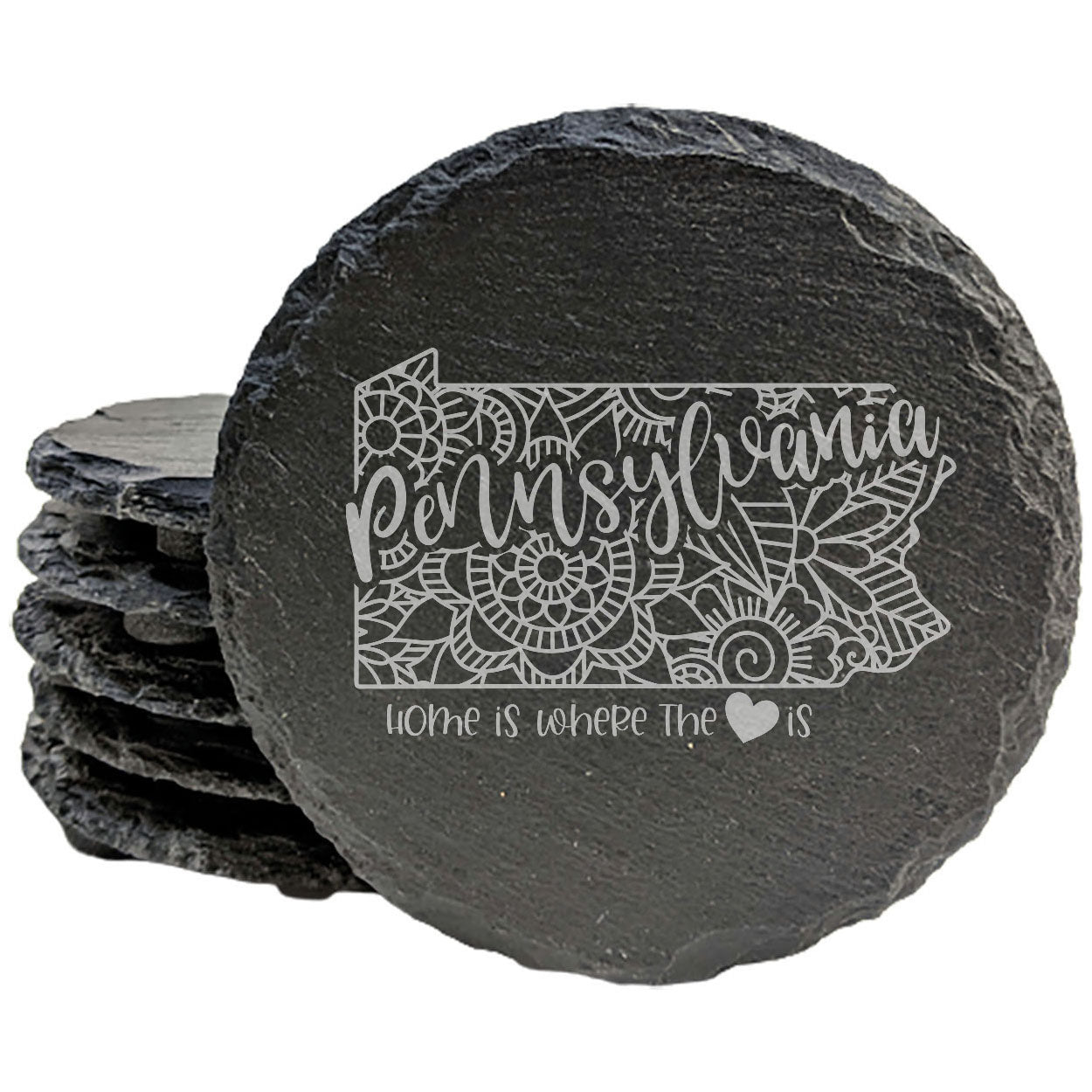 Rustic Slate Coasters Set of 4, Round 4" with Pennsylvania Mandala Design, 'Home is Where the Heart Is' Quote, Perfect Gift for Holidays, Birthdays, Housewarming, Made in Oregon, USA
