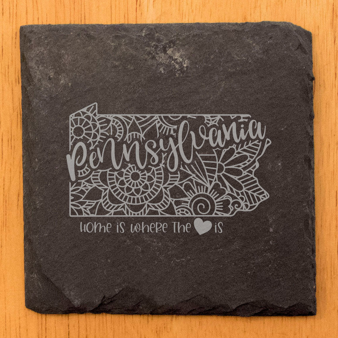 Rustic Slate Coasters Set of 4, Round 4" with Pennsylvania Mandala Design, 'Home is Where the Heart Is' Quote, Perfect Gift for Holidays, Birthdays, Housewarming, Made in Oregon, USA