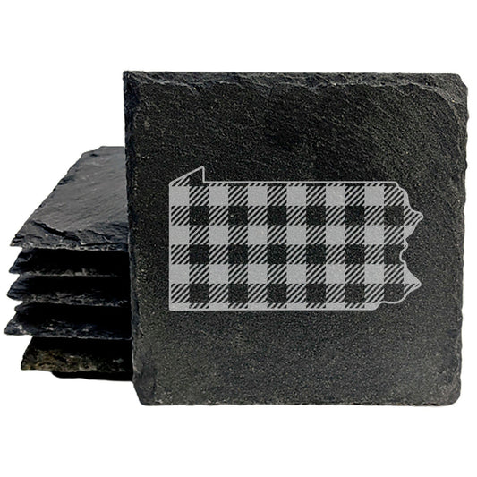 Rustic Slate Coasters Set of 4, Round 4" with Pennsylvania Plaid Design, Perfect for Holidays, Birthdays, Housewarming Gifts, She-Shed or Man Cave, Made in Oregon, USA, Natural Chipped Edge