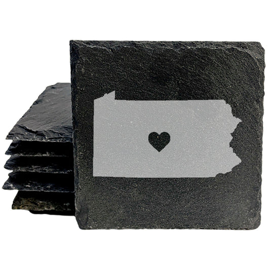 Rustic Slate Coasters Set of 4, Round 4" with Pennsylvania Heart Design, Laser Etched, Perfect Gift for Holidays, Birthdays, Housewarming, She-Shed, Man Cave, Made in Oregon, USA, Natural Edge