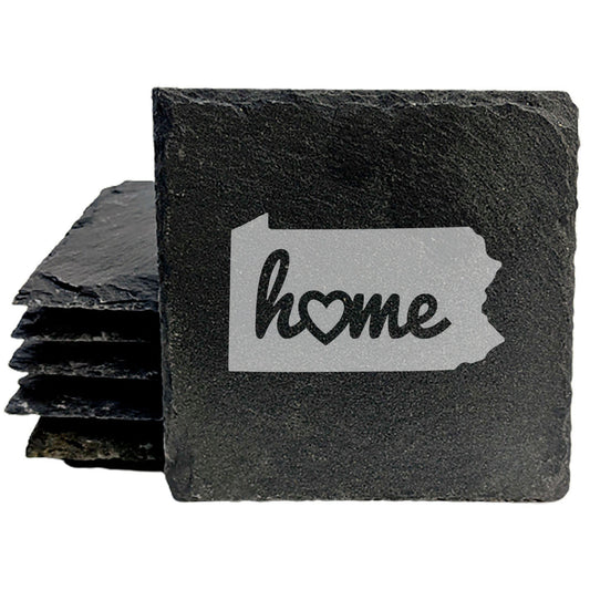 Rustic Slate Coasters Set of 4, Round 4" with Pennsylvania 'Home' Heart Design, Perfect for Holidays, Birthdays, Housewarming, She-Shed, Man Cave, Made in Oregon, USA,