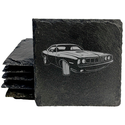 1970 Plymouth Barracuda Design Rustic Gray Slate Coasters Set of 4 Laser Etched Perfect Gift for Holidays Birthdays Housewarming She-Shed Man Cave Made in Oregon USA Natural Chipped Edge Rubber Feet
