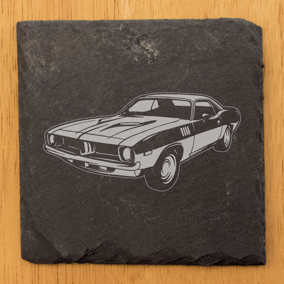 1973 Plymouth Barracuda Design Rustic Gray Slate Coasters Set of 4 - Laser Etched, Natural Chipped Edge, Rubber Feet - Perfect for She-Shed or Man Cave - Handmade in Oregon USA by Small Business