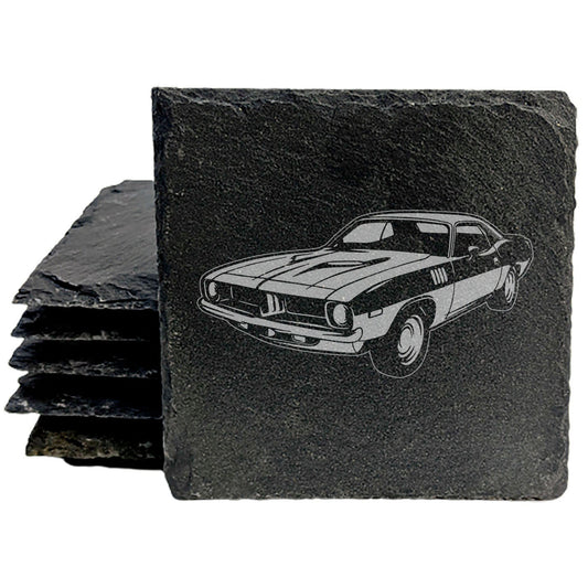 1973 Plymouth Barracuda Design Rustic Gray Slate Coasters Set of 4 - Laser Etched, Natural Chipped Edge, Rubber Feet - Perfect for She-Shed or Man Cave - Handmade in Oregon USA by Small Business