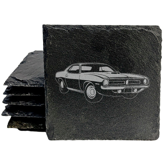 Rustic Slate Coasters Set with Laser-Etched Plymouth Barracuda Design - Home Decor Drink Mats for Car Enthusiasts