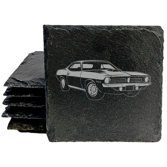 1970 Plymouth Barracuda Hemi Design Rustic Gray Slate Coasters Set of 4 - Laser Etched All-Occasion Gifts for Holidays Birthdays Housewarming She-Shed Man Cave - Made in Oregon USA - Round or Square