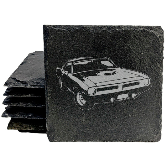 Rustic Slate Coasters Set | Laser-Etched 1970 Plymouth Hemi Cuda Design | Vintage Car Enthusiast Drink Mats