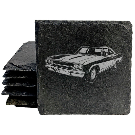 1970 Plymouth Roadrunner Car Design Rustic Gray Slate Coasters Set of 4 - Laser Etched All-Occasion Gifts for Holidays Birthdays Housewarming She-Shed Man Cave - Made in Oregon USA by Small Business