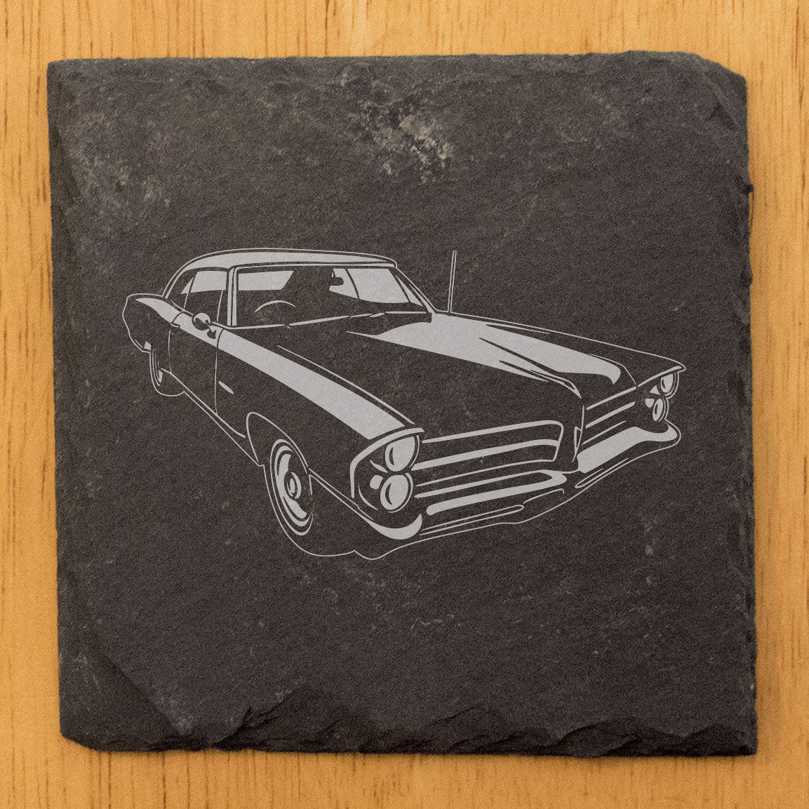 1965 Pontiac Catalina Design Rustic Gray Slate Coasters Set of 4 Laser Etched Round or Square Natural Chipped Edge Rubber Feet Perfect Gift for Holidays Birthdays Housewarming She-Shed Man Cave