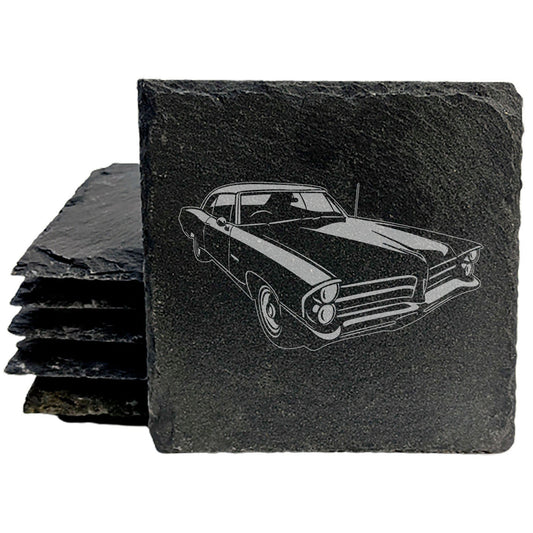 1965 Pontiac Catalina Design Rustic Gray Slate Coasters Set of 4 Laser Etched Round or Square Natural Chipped Edge Rubber Feet Perfect Gift for Holidays Birthdays Housewarming She-Shed Man Cave