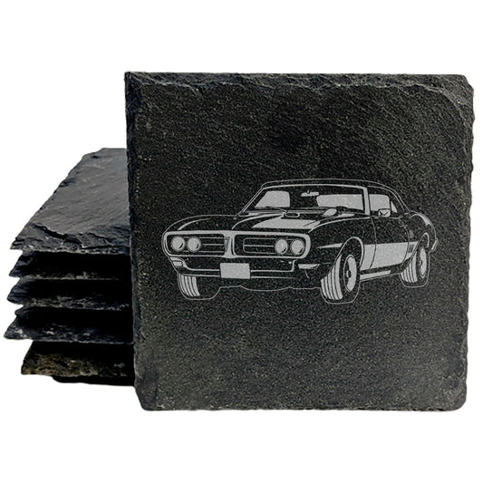 1968 Pontiac Firebird 400 Design Rustic Gray Slate Coasters Set of 4 Laser Etched Perfect for Holidays Birthdays Housewarming She-Shed Man Cave Made in Oregon USA Natural Chipped Edge Rubber Feet