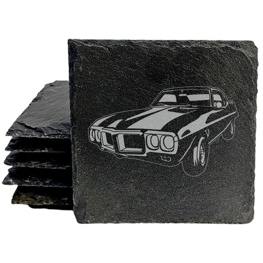 1969 Pontiac Firebird 400 Design Rustic Gray Slate Coasters Set of 4 - Laser Etched, Natural Chipped Edge, Rubber Feet - Perfect Gift for Holidays, Birthdays, Housewarming - Made in Oregon USA