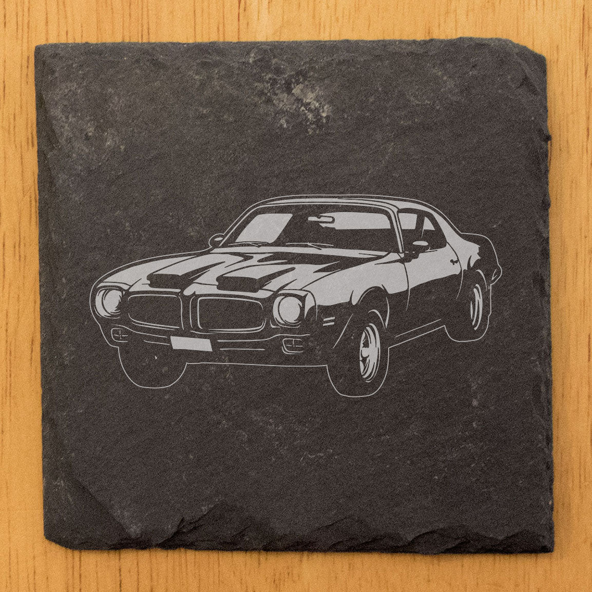 Pontiac Firebird Coasters Set of 4 Rustic Gray Slate Laser Etched Design Perfect for She-Shed Man Cave Gifts Holidays Birthdays Housewarming Small Business Oregon USA Natural Chipped Edge Rubber Feet