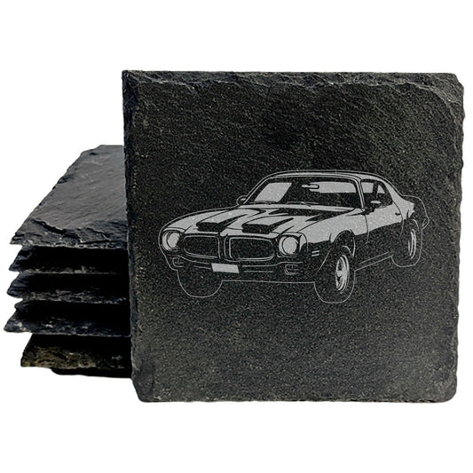 Pontiac Firebird Coasters Set of 4 Rustic Gray Slate Laser Etched Design Perfect for She-Shed Man Cave Gifts Holidays Birthdays Housewarming Small Business Oregon USA Natural Chipped Edge Rubber Feet
