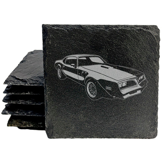 1977 Pontiac Firebird Trans-Am Design Rustic Gray Slate Coasters Set of 4 - Laser Etched, Natural Chipped Edge, Rubber Feet - Perfect Gift for Holidays, Birthdays, Housewarming - Made in Oregon USA