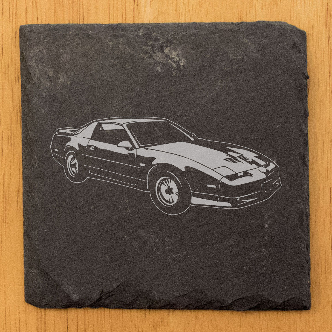 Classic 1990 Pontiac Firebird Trans-Am GTA Design Rustic Gray Slate Coasters Set of 4 - Laser Etched, Natural Chipped Edge, Rubber Feet - Perfect for Holidays, Birthdays, Housewarming Gifts