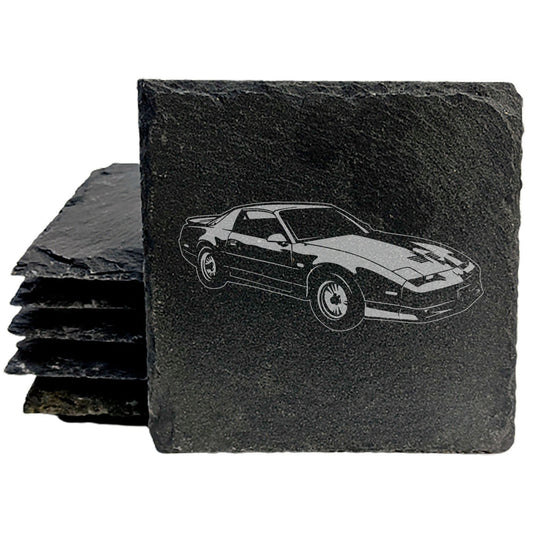 Classic 1990 Pontiac Firebird Trans-Am GTA Design Rustic Gray Slate Coasters Set of 4 - Laser Etched, Natural Chipped Edge, Rubber Feet - Perfect for Holidays, Birthdays, Housewarming Gifts