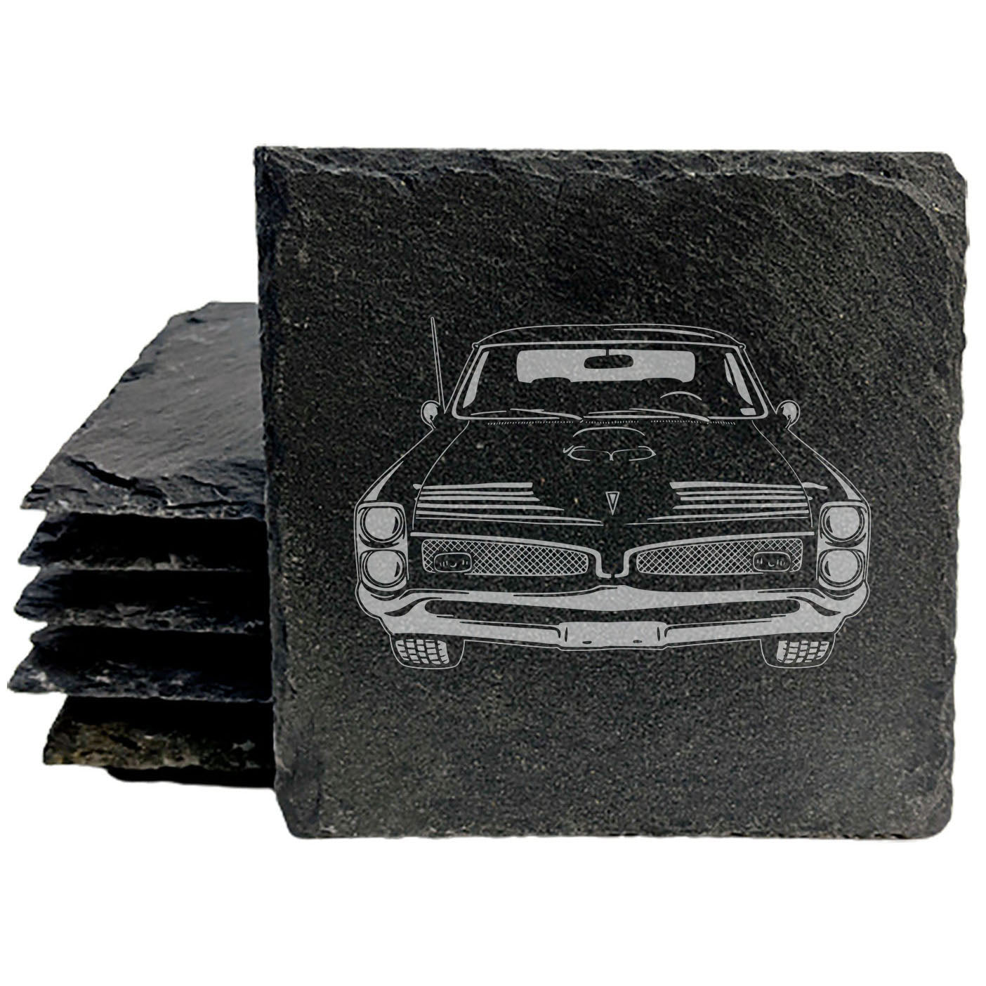1967 Pontiac GTO Design Rustic Gray Slate Coasters Set of 4 - Laser Etched, Natural Chipped Edge, Rubber Feet - Perfect Gift for Birthdays, Holidays, Housewarming - Made in USA by Small Business