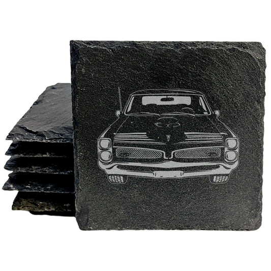 1967 Pontiac GTO Design Rustic Gray Slate Coasters Set of 4 - Laser Etched, Natural Chipped Edge, Rubber Feet - Perfect Gift for Birthdays, Holidays, Housewarming - Made in USA by Small Business