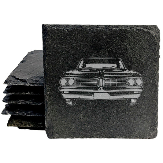 1967 Pontiac GTO Tri-Power Design Rustic Gray Slate Coasters Set of 4 - Laser Etched, Perfect for Holidays, Birthdays &amp; Housewarming Gifts - Round or Square with Natural Chipped Edge &amp; Rubber Feet