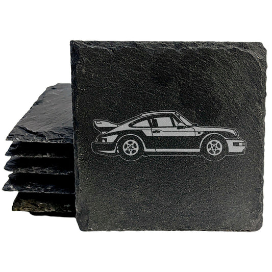 Classic 1993 Porsche 911 Carrera Design Rustic Gray Slate Coasters Set of 4 - Laser Etched, Natural Chipped Edge, Rubber Feet - Perfect for She-Shed or Man Cave - Handmade in Oregon USA