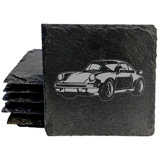 1975 Porsche 911 Turbo Design Rustic Gray Slate Coasters Set of 4 - Laser Etched Hand Drawn Style - Perfect Gift for Holidays Birthdays Housewarming She-Shed Man Cave - Made in Oregon USA
