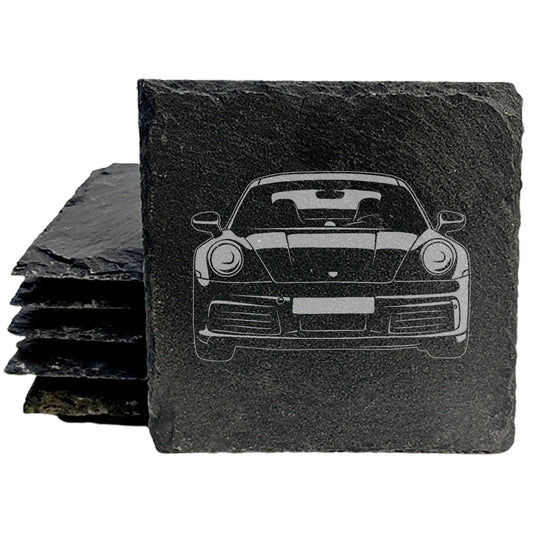 Premium Slate Coasters Set with Laser-Etched Porsche 911 Design | Stylish Drink Mats for Home &amp; Car Enthusiasts