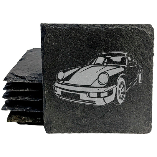 Classic Porsche Carrera 2 Slate Coasters Set of 4 - Rustic Gray with Laser Etched Design - Perfect Gift for Holidays, Birthdays, Housewarming - Made in Oregon USA by Small Business - Round or Square
