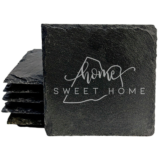 Rustic Slate Coasters Set of 4, Round 4" with 'Home Sweet Home' Rhode Island Design, Perfect Gift for Holidays, Birthdays, Housewarming, She-Shed, Man Cave, Made in Oregon, USA, Natural Edge
