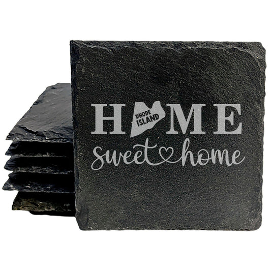Rustic Slate Coasters Set of 4, Laser Etched 'HOME SWEET HOME' Design, Perfect Gift for Holidays, Birthdays, Housewarming, She-Shed, Man Cave, Made in Oregon, USA, 4" Round, Natural Chipped Edge