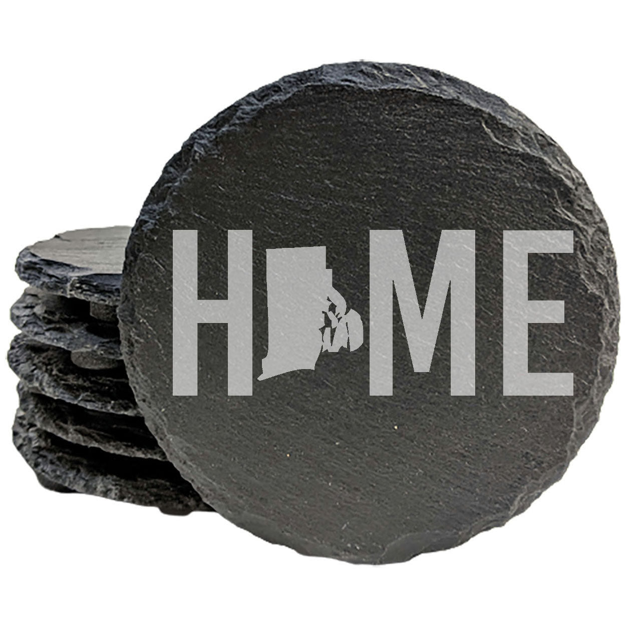 Rustic Slate Coasters Set of 4 - Laser Etched 'HOME' Design with Rhode Island Shape - Perfect Gift for Holidays, Birthdays, Housewarming - 4" Round, Natural Chipped Edge, Made in Oregon, USA