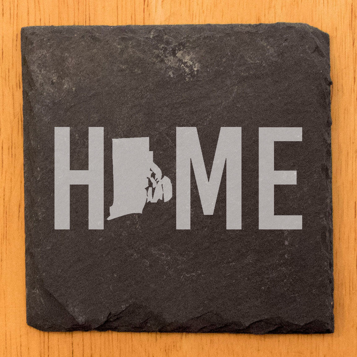 Rustic Slate Coasters Set of 4 - Laser Etched 'HOME' Design with Rhode Island Shape - Perfect Gift for Holidays, Birthdays, Housewarming - 4" Round, Natural Chipped Edge, Made in Oregon, USA