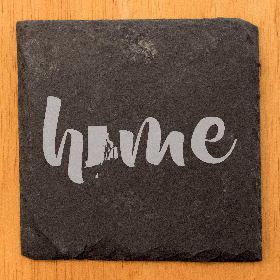 Rustic Slate Coasters Set of 4 - Laser Etched 'Home' Design with Rhode Island State - Perfect Gift for Holidays, Birthdays, Housewarming - 4" Round/Square - Made in Oregon, USA - Natural Edge
