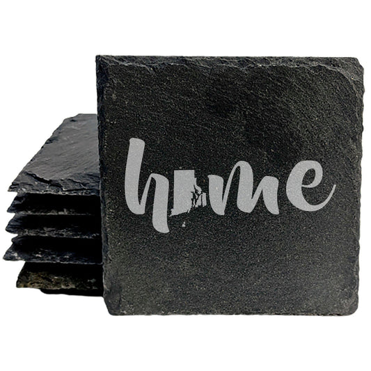 Rustic Slate Coasters Set of 4 - Laser Etched 'Home' Design with Rhode Island State - Perfect Gift for Holidays, Birthdays, Housewarming - 4" Round/Square - Made in Oregon, USA - Natural Edge