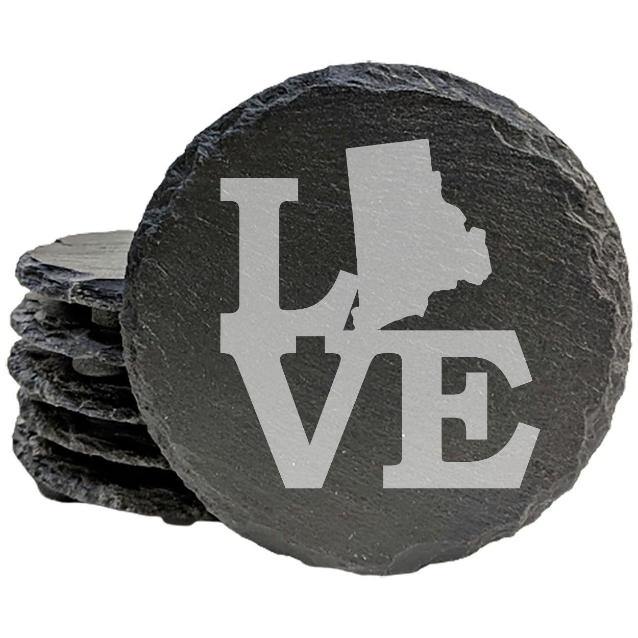 Rustic Slate Coasters Set of 4, Laser Etched 'LOVE' Design, Rhode Island Shape, 4" Round, Natural Chipped Edge, Rubber Feet, , Perfect for Holidays, Birthdays, Housewarming, USA Made
