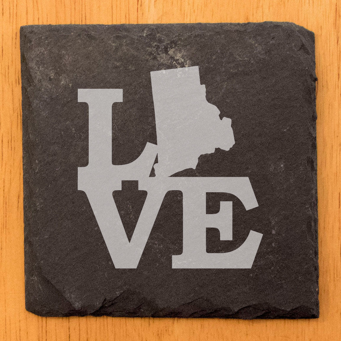 Rustic Slate Coasters Set of 4, Laser Etched 'LOVE' Design, Rhode Island Shape, 4" Round, Natural Chipped Edge, Rubber Feet, , Perfect for Holidays, Birthdays, Housewarming, USA Made