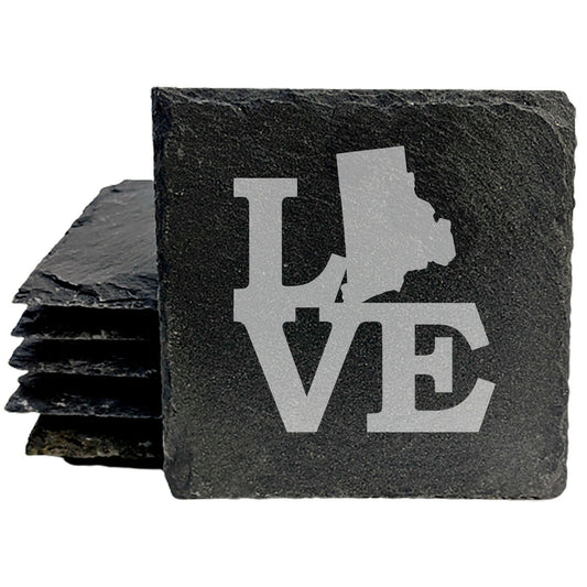 Rustic Slate Coasters Set of 4, Laser Etched 'LOVE' Design, Rhode Island Shape, 4" Round, Natural Chipped Edge, Rubber Feet, , Perfect for Holidays, Birthdays, Housewarming, USA Made