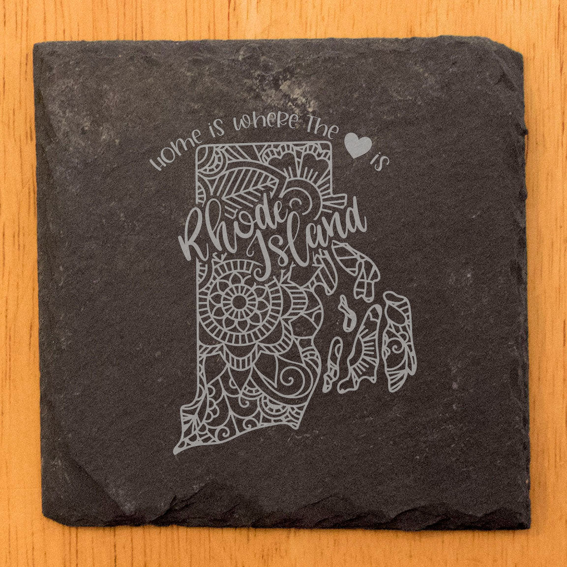 Rustic Slate Coasters Set of 4, Round 4" with Rhode Island Mandala Design, 'Home is Where the Heart Is' Quote, Perfect Gift for Holidays, Birthdays, Housewarming, Made in Oregon, USA