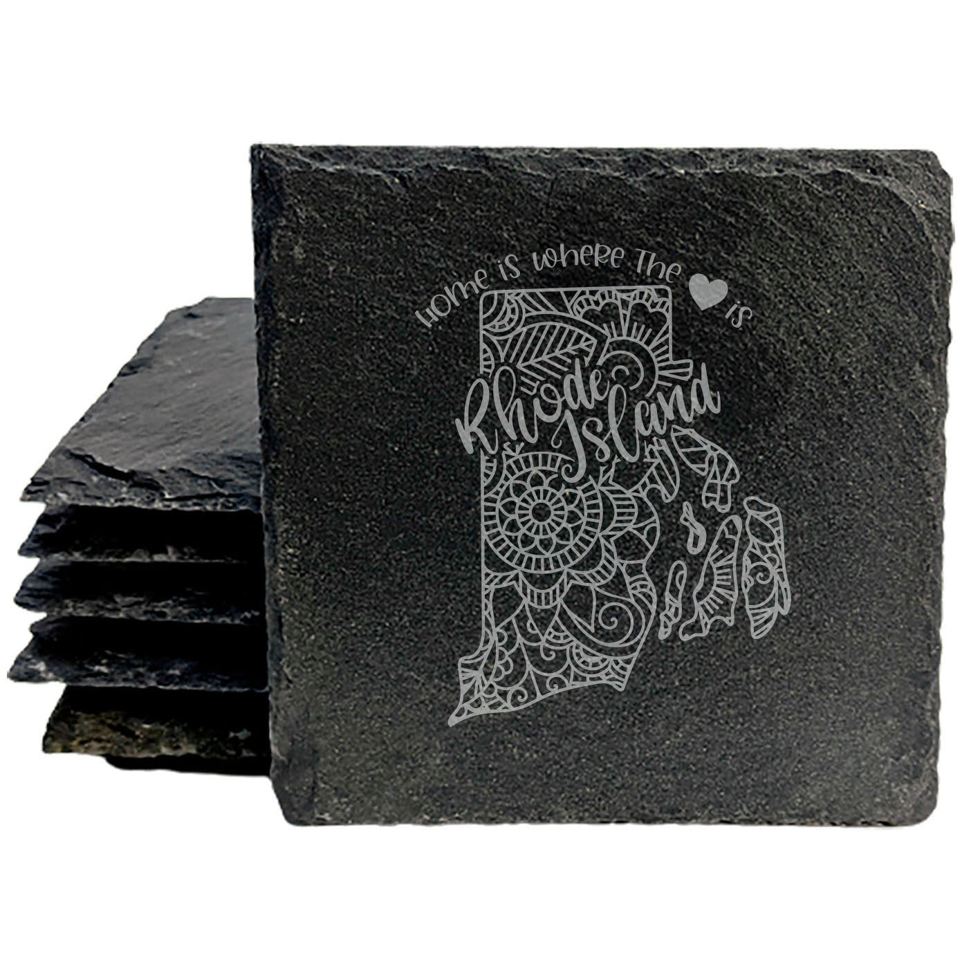 Rustic Slate Coasters Set of 4, Round 4" with Rhode Island Mandala Design, 'Home is Where the Heart Is' Quote, Perfect Gift for Holidays, Birthdays, Housewarming, Made in Oregon, USA