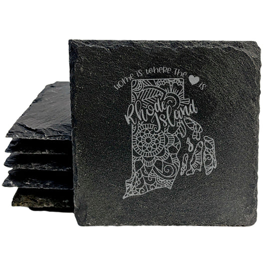 Rustic Slate Coasters Set of 4, Round 4" with Rhode Island Mandala Design, 'Home is Where the Heart Is' Quote, Perfect Gift for Holidays, Birthdays, Housewarming, Made in Oregon, USA