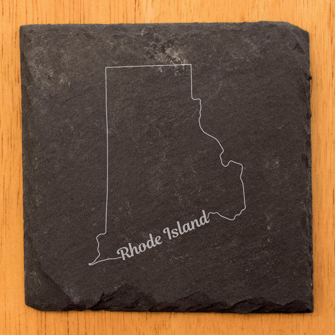Rustic Slate Coasters Set of 4, Round 4" with Rhode Island Outline Design, Laser Etched, Perfect for Holidays, Birthdays, Housewarming Gifts, Made in Oregon, USA, Natural Chipped Edge, Rubber Feet