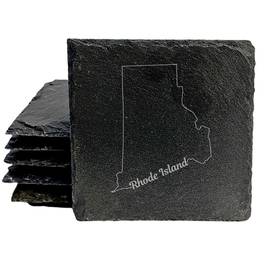Rustic Slate Coasters Set of 4, Round 4" with Rhode Island Outline Design, Laser Etched, Perfect for Holidays, Birthdays, Housewarming Gifts, Made in Oregon, USA, Natural Chipped Edge, Rubber Feet