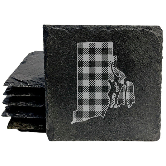Rustic Slate Coasters Set of 4, Round 4" with Rhode Island Plaid Design, Perfect for Holidays, Birthdays, Housewarming Gifts, She-Shed or Man Cave, Made in Oregon, USA, Natural Chipped Edge
