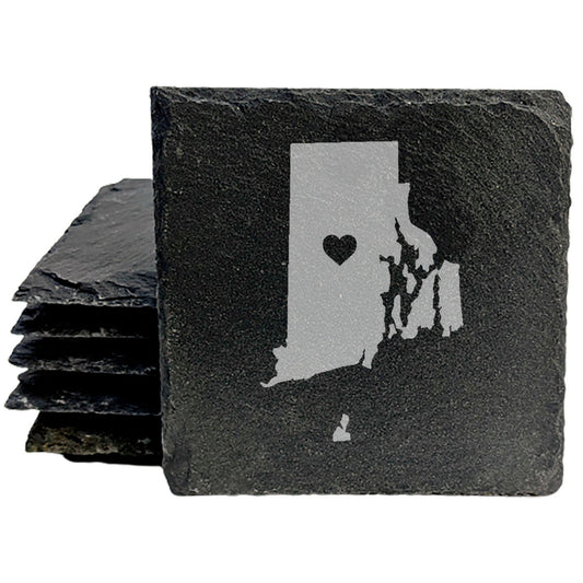 Rustic Slate Coasters Set of 4, Round 4" with Rhode Island Heart Design, Laser Etched, Perfect for Holidays, Birthdays, Housewarming, She-Shed, Man Cave, Made in Oregon, USA,