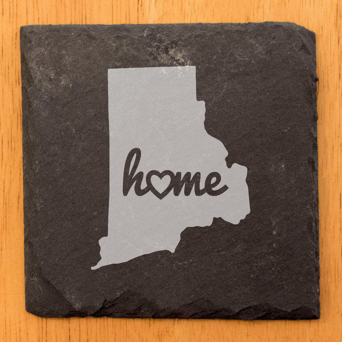 Rustic Slate Coasters Set of 4 - Laser Etched Rhode Island 'Home' Design with Heart - Perfect Gift for Holidays, Birthdays, Housewarming - 4" Round, Natural Chipped Edge, Made in Oregon, USA