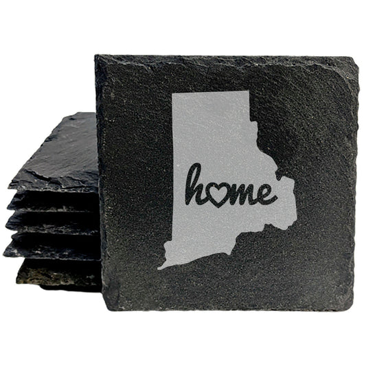 Rustic Slate Coasters Set of 4 - Laser Etched Rhode Island 'Home' Design with Heart - Perfect Gift for Holidays, Birthdays, Housewarming - 4" Round, Natural Chipped Edge, Made in Oregon, USA