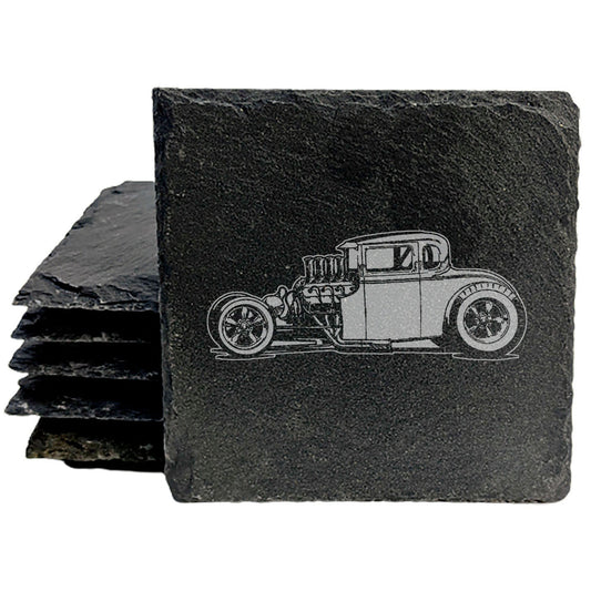 Premium Slate Coasters Set with Laser-Etched Rat Rod Design - Stylish Drink Coasters for Home Decor and Protection - Unique Vintage Car Enthusiast Gift