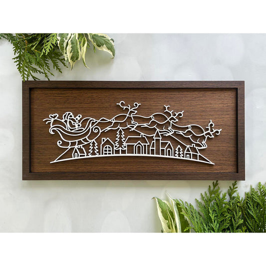 Santa Flying Over Village Line Art Sign