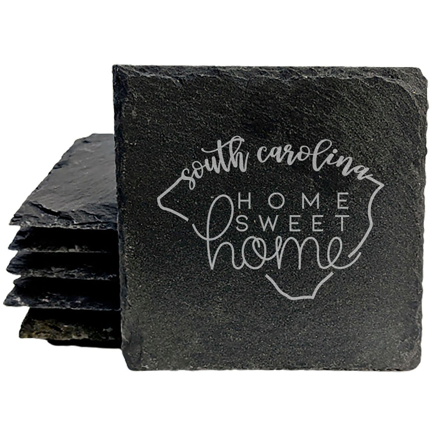 Rustic Slate Coasters Set of 4, Round 4" with South Carolina 'Home Sweet Home' Design, Perfect for Holidays, Birthdays, Housewarming Gifts, Made in Oregon, USA, Natural Chipped Edge, Rubber Feet