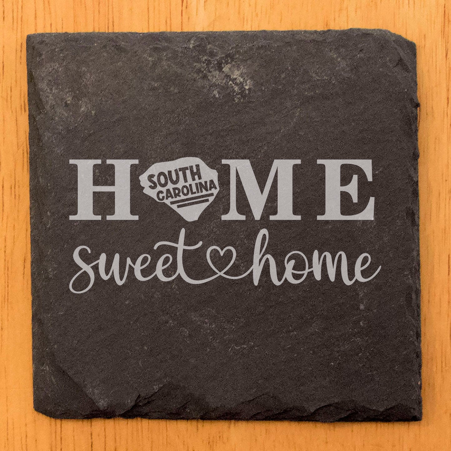 Rustic Slate Coasters Set of 4, Round 4" with 'HOME SWEET HOME' South Carolina Design, Perfect Gift for Holidays, Birthdays, Housewarming, She-Shed, Man Cave, Made in Oregon, USA, Natural Edge